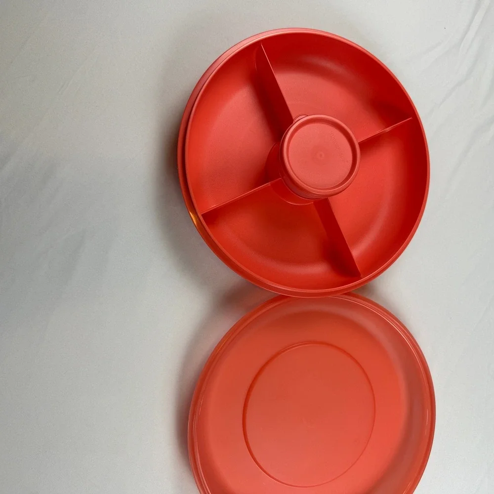 Tupperware Serving Center Red Divided Tray with Lid and Dip Container 9.75 inch